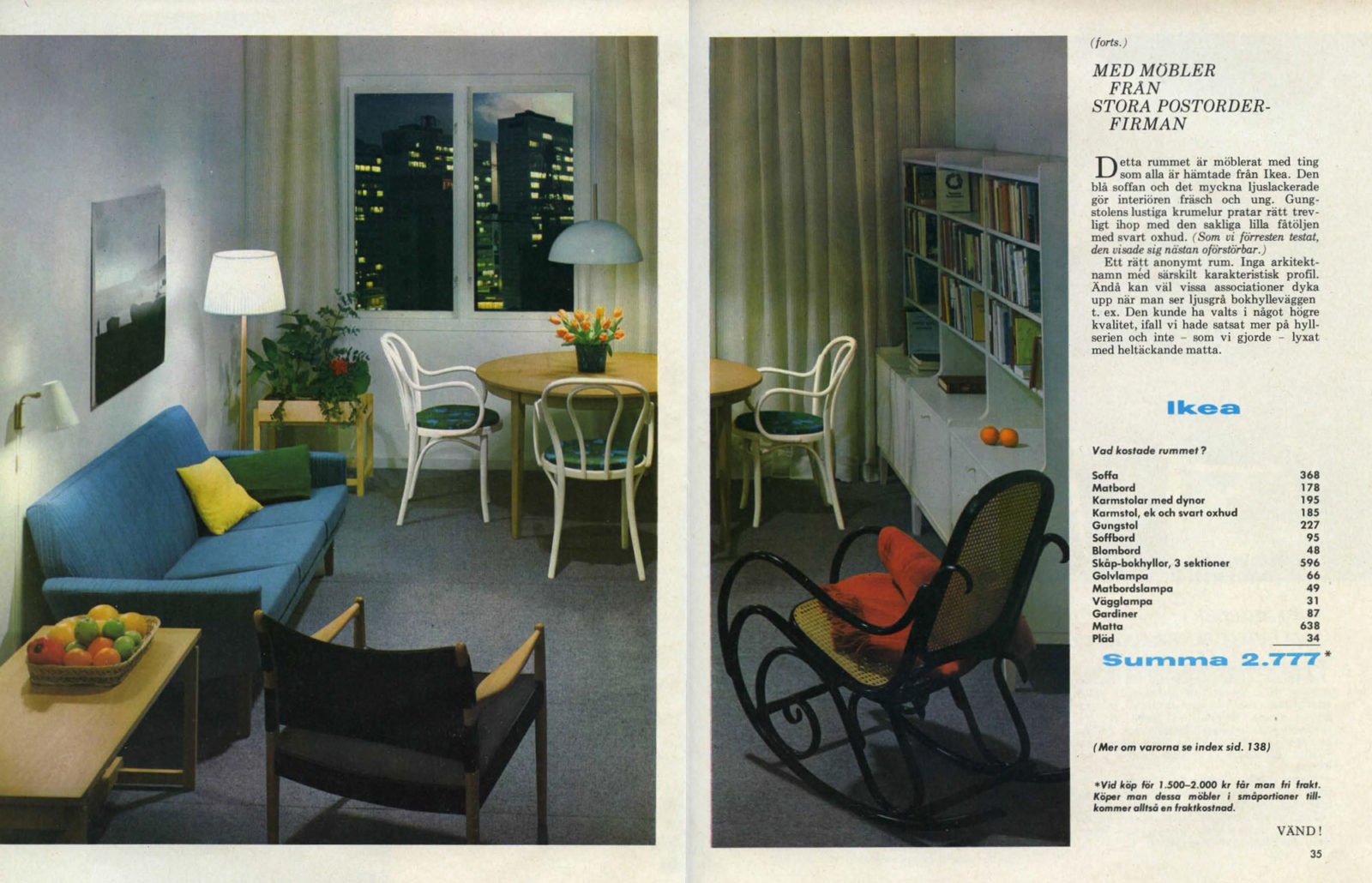 Foto in tijdschrift van jaren 60 woonkamer, met tekst over het kiezen en testen van 'meubels van postorderbedrijf' IKEA.