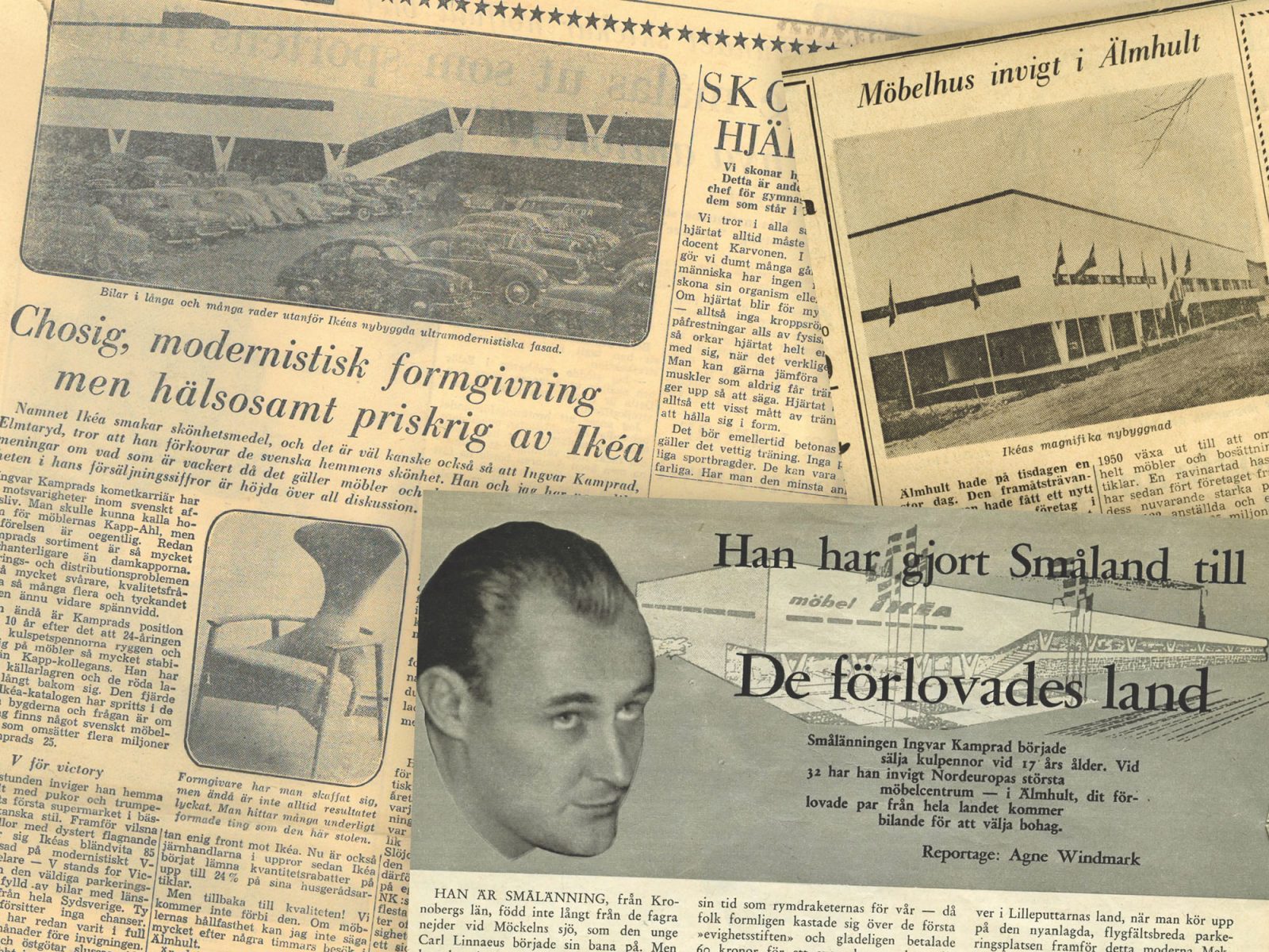 Krantenknipsels van jaren 50 kranten met artikelen over de opening van IKEA in 1958 in Älmhult.